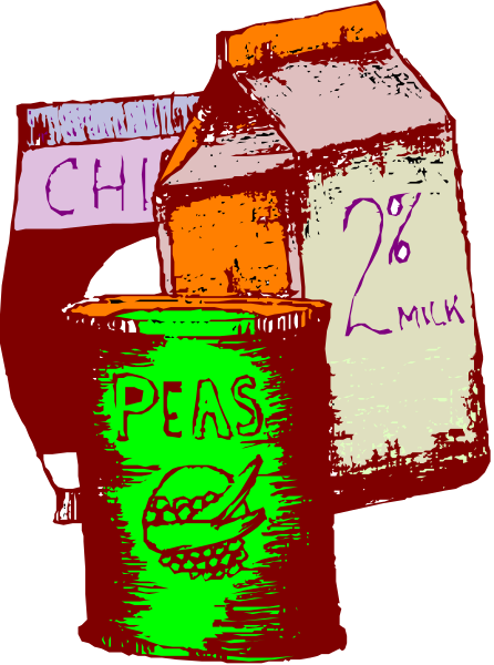 The image shows a cartoon of an open can with various food items inside it placed on top of another container labeled "PEAS."