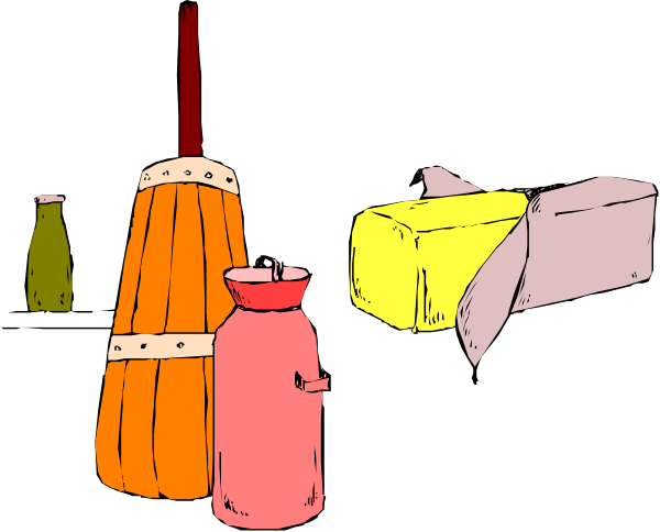 The image shows a collection of kitchen utensils including bottles with different colored liquids, spoons, bowls, brooms, cakes in various shapes and sizes on what appears to be a dark background.