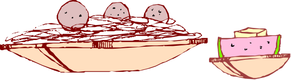 The image shows a cartoon of three cakes with faces on them sitting next to each other inside an oven that is open at one end; there's also another cake in front of it outside the oven, and two small figures resembling people standing beside this last cake.