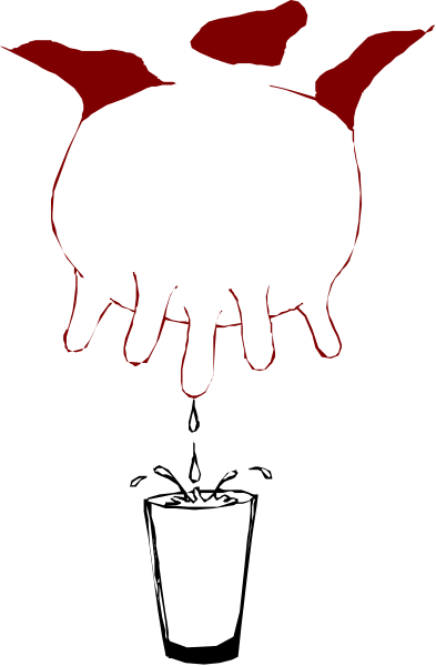 The image shows a black and white illustration of an alien with red eyes holding up its hand to reveal three fingers on each fingerless glove-like appendage while standing in front of what appears to be a cupcake, which is also depicted as having two arms or tentacles extending from it.
