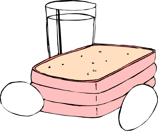 The black and white illustration shows a slice of bread with butter on top placed next to an egg carton containing three eggs in front of two glasses filled with milk.