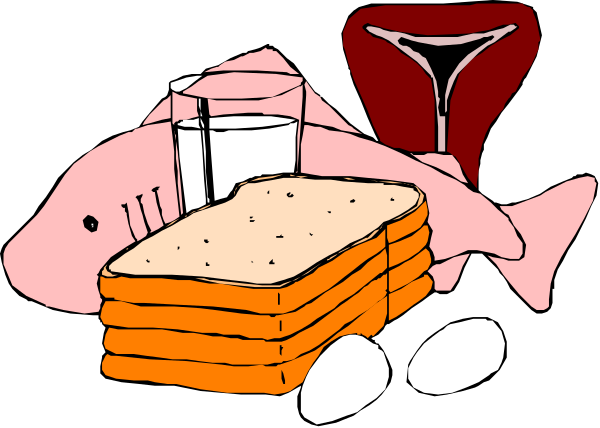 The illustration shows a cartoon depiction of food items on top of each other with an adult fish lying next to them in front of what appears to be bread slices; there is also a wine glass, and above it all hangs another image that seems like a heart or love symbol.