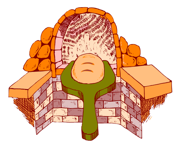 The illustration shows a cartoon of an oven with bricks on its sides inside which there is a small figure that appears to be sleeping or resting in front of it.