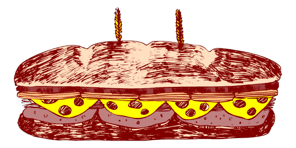 The image shows a cartoon depiction of three sandwiches with various fillings on them placed next to each other against a black background; there is no text present in this clip-art illustration.