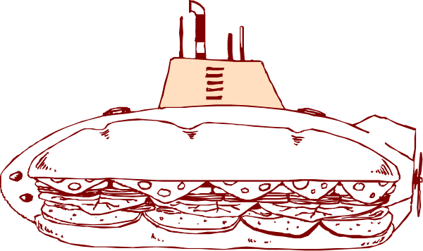 The image shows a submarine with an open hatch on top of it surrounded by food items such as sandwiches and pizza slices floating in water above it.