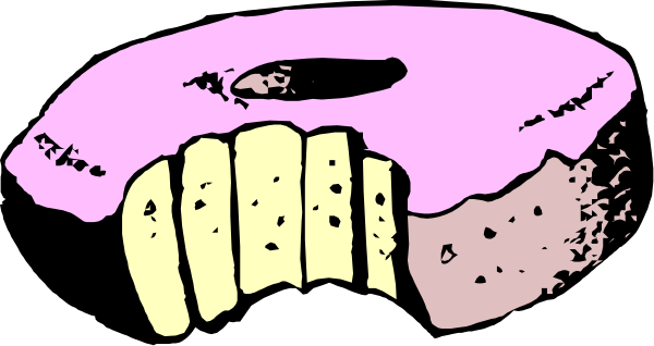 The image shows a donut with three different toppings: pink frosting on top of it, yellow icing in between layers, and chocolate chips around its edge; all set against black background. There is no text present within this small clip-art image. It's just the illustration itself without any additional context or elements outside what has been described above. The donut appears to be a stylized representation rather than an actual photograph of food, and it does not depict actions as there are no people or animals in sight; only objects - specifically types of icing
