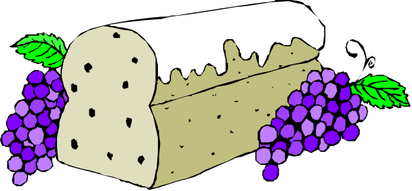 The image shows a loaf of bread with grapes on top placed next to purple bunches of grape leaves.