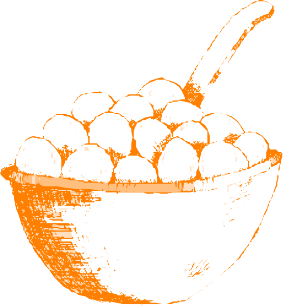 The image shows a black bowl filled with white eggs on top of an orange background inside what appears to be a kitchen environment.