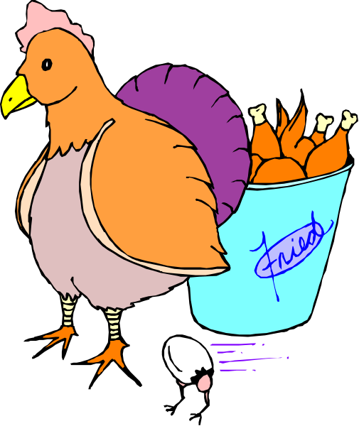 The illustration shows a cartoon turkey standing next to an open blue bucket filled with chicken drumsticks.