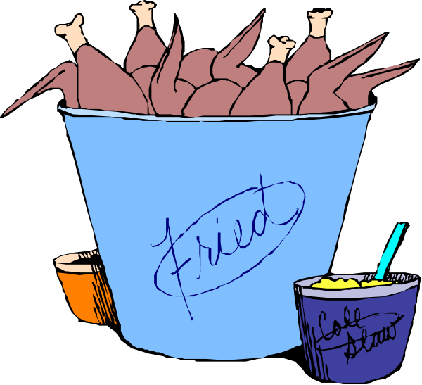The cartoon shows a bucket of fried chicken with "FRIED" written on it placed next to an open container filled with more pieces of cooked poultry labeled as such in blue ink.