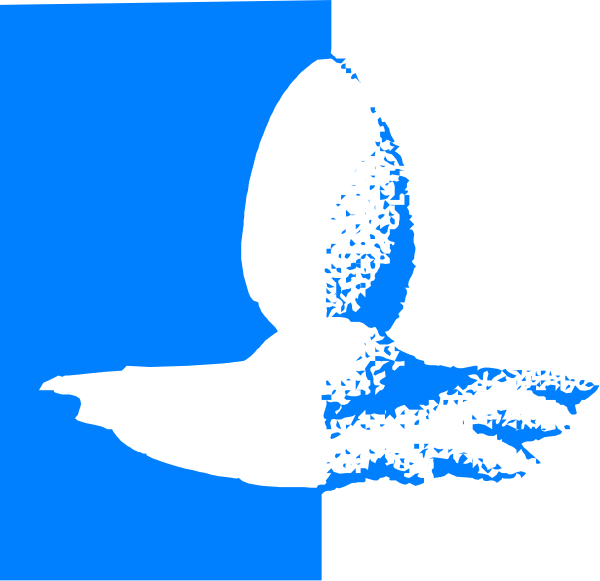 The image shows a blue background with two white silhouettes of hands holding an object that resembles a bird's head facing upwards towards what appears to be another hand in motion above it on the right side, suggesting movement and interaction between them against this contrasting backdrop.
