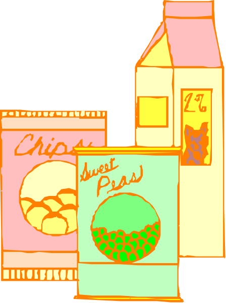 The image shows a cartoon depiction of snack foods: two bags of chips with text on them (one bag is labeled "Chips" while the other says "Just Peas"), an open box containing what appears to be cookies, and a milk container in front of it all; these items are placed against a backdrop that looks like a simple wall.