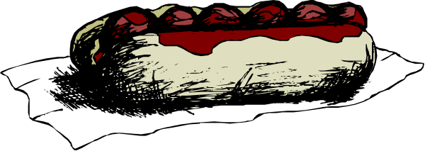 The image shows a hot dog with ketchup on top placed next to two strawberries.