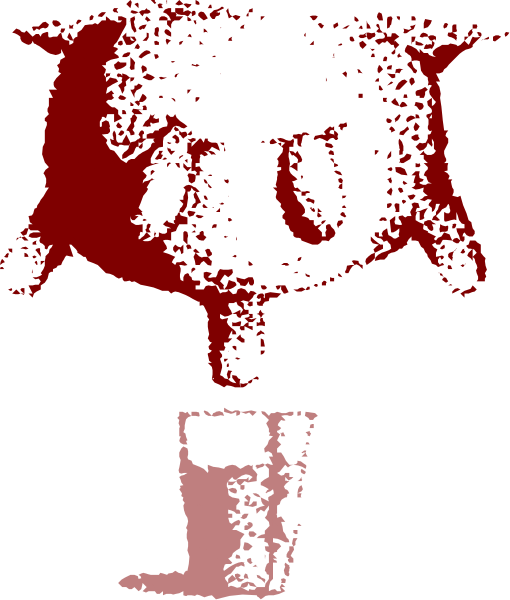The image shows a pixelated graphic of an upside down cat's face with red eyes on top right corner against black background; below it is a small cup in bottom left corner.