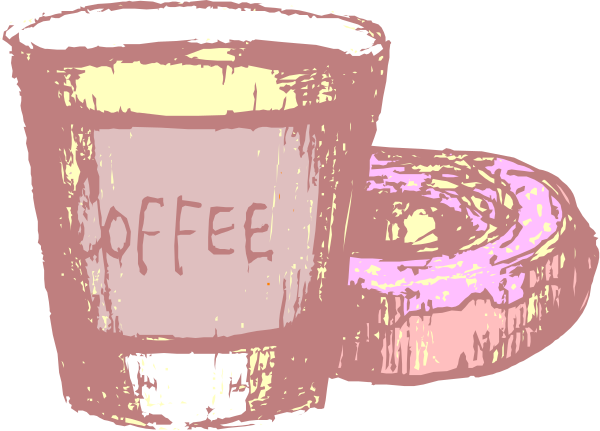 The image shows a cup of coffee with donuts on top next to another similar drink labeled "coffee."