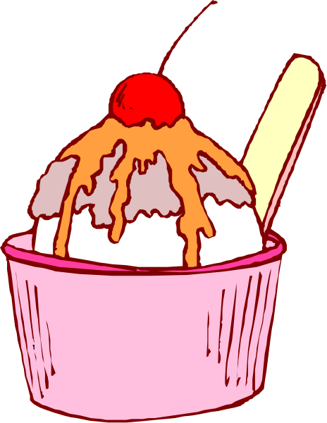The image shows a pink ice cream cup with vanilla soft serve topped with caramel sauce, whipped cream, cherry on top, and an orange slice in it; next to this is a yellow spoon resting inside the dessert.