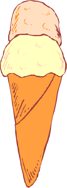 The image shows a single ice cream cone with two scoops of vanilla ice cream on top against an orange background.