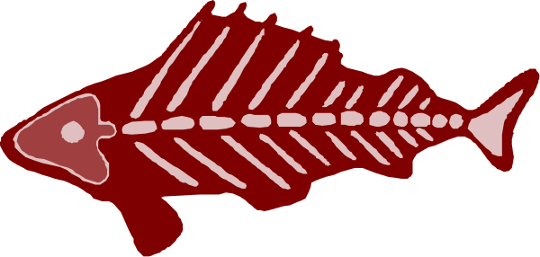 The image shows a red fish with white bones on its body superimposed over an aquatic background that resembles water.