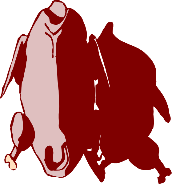 The image shows a red silhouette of an animal with two smaller black figures inside it on its left side against a white background.