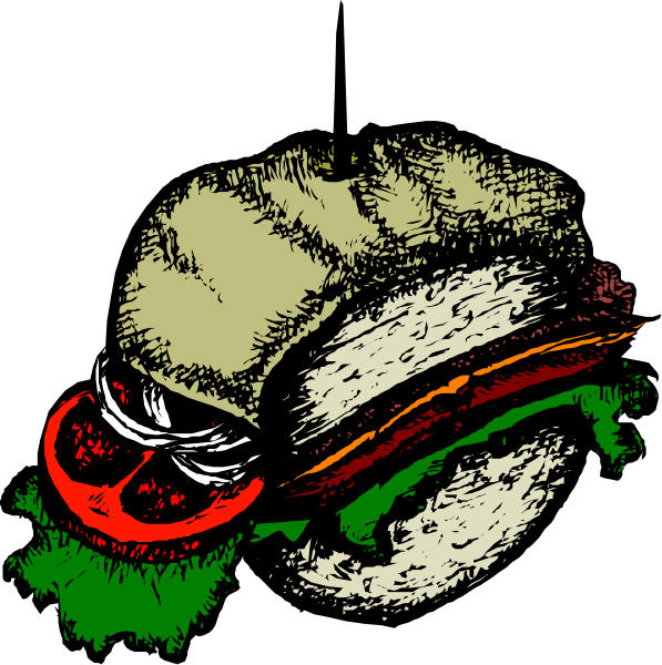 The image shows a black and white illustration of two sandwiches with different fillings: on top is an open sandwich revealing layers like lettuce, tomato, cheese; below it appears to be another type of burger-like food that could possibly have meat or vegetables in the bun.