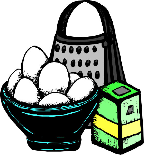 The illustration shows a cartoon depiction of an Easter scene with various items related to cooking eggs: there is a bowl filled with hard-boiled eggs on top left; in front right corner stands a large, colorful egg decorator (dye kit); and below it are two bowls containing more colored eggs. In the background, at bottom center, sits an oven resembling that of a robot or alien design. The setting is indoors with no specific details about location provided by this image alone.