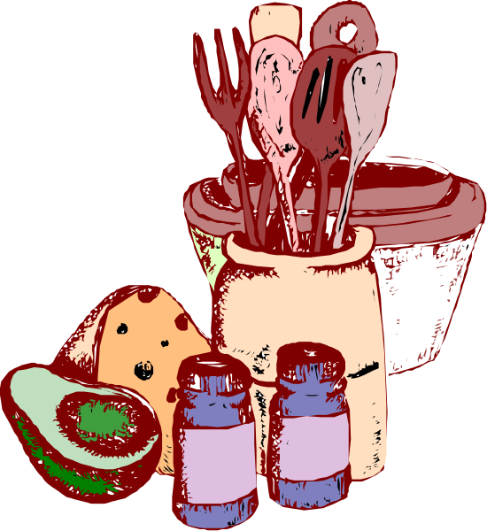 The illustration shows a kitchen scene with various food items such as an avocado, cheese wedge, spoon rests on top of it, fork resting next to them in front of jar filled with condiments like mustard and ketchup bottles.
