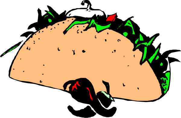 The black and white illustration shows a taco with various toppings on it placed next to an open book that has text in red ink.