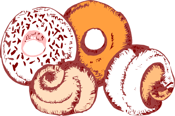 The image shows three donuts with different toppings: a chocolate frosted donut on top left corner; an orange glazed donut in center right of frame; and two plain white donuts at bottom, one next to other near lower edge of picture.