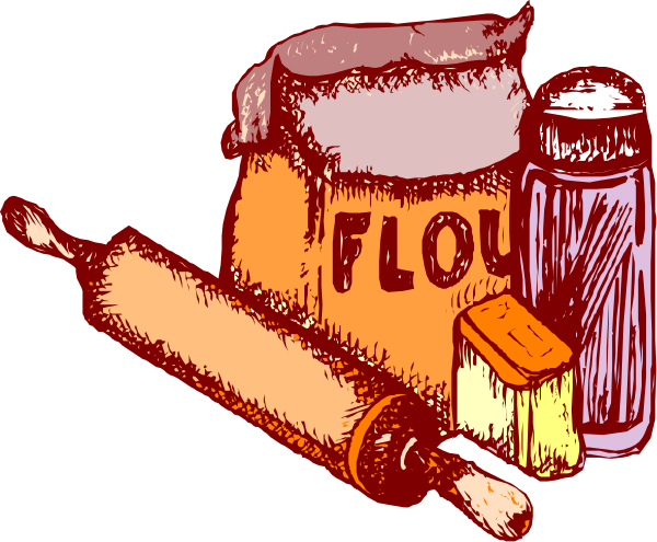 The illustration shows a collection of baking ingredients on top of each other with text that reads "FLOUR" above them; to their right is an open jar labeled as salt shaker next to what appears to be a bottle, possibly containing oil or vinegar, and below it are two spoons.