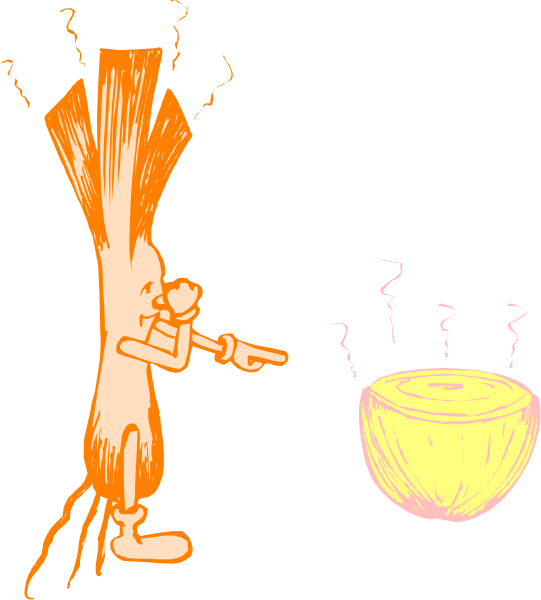 The cartoon shows a character with an exaggeratedly large head standing next to two pots on stovetops; one is boiling water while another has steam rising from it.