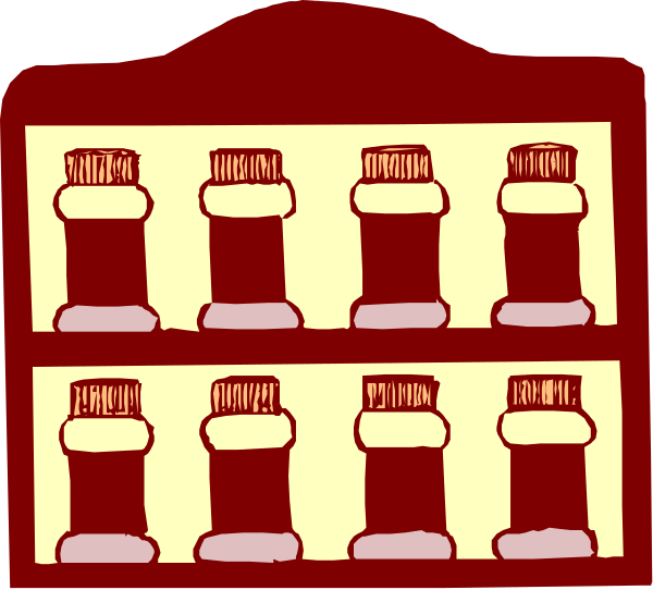 The image shows a red building with several bottles on shelves inside it against a white background.