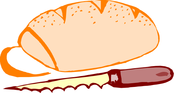 The image shows a loaf of bread with orange crust on top next to an open knife blade resting beside it.