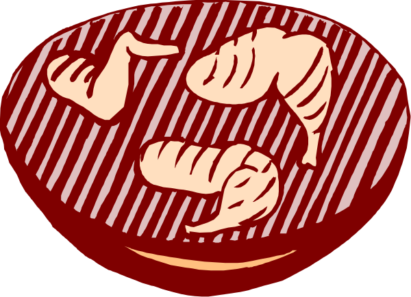 The illustration shows a grill with three pieces of meat on it against a red background that resembles coals; there is also an image to its right depicting two cooked shrimp in front of what appears to be a plate, suggesting food preparation or cooking contexts.