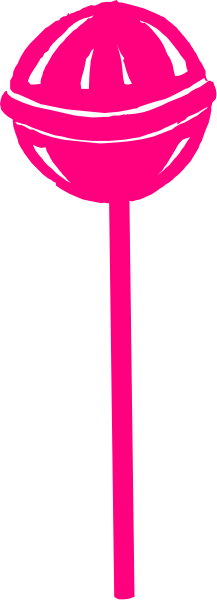 The image shows a pink lollipop with white stripes on it against a gray background.