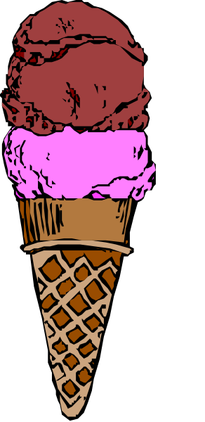 The image shows a closeup of three ice cream cones with different flavors: vanilla (white), chocolate (brown) in one cone, strawberry (pink) in another, all on top of each other against a dark background; there is no text or additional objects present.