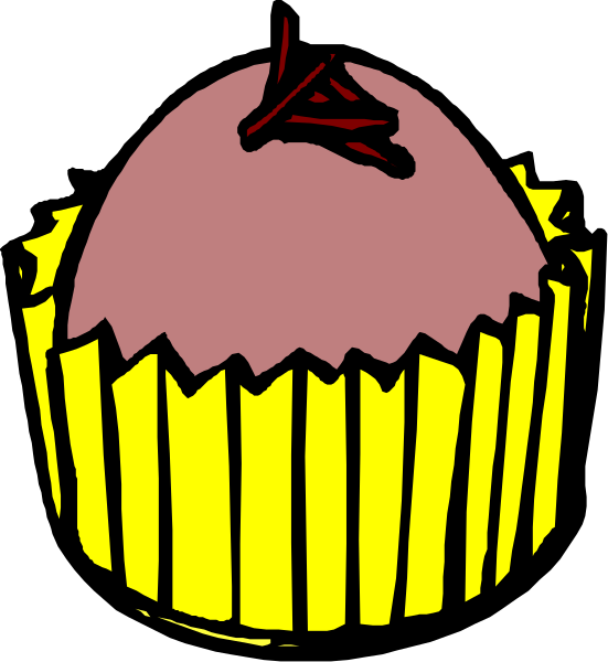 The image shows a pink cupcake with yellow paper wrapper on top of it.