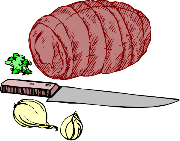The black and white illustration shows a roast on top of an oven with various vegetables around it; there is also a knife to its right side in front of garlic cloves.