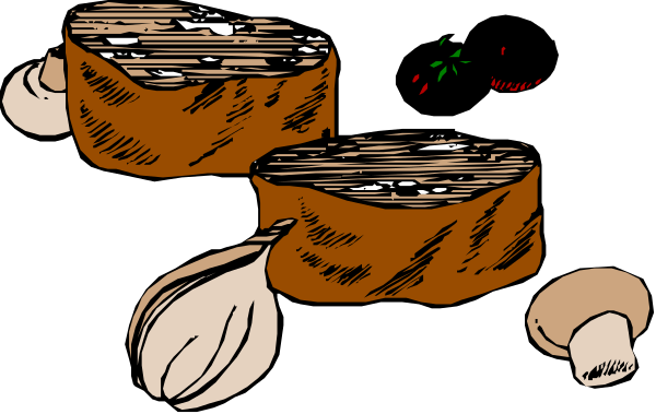 The black and white illustration shows a loaf of bread with garlic cloves on top placed next to two whole pieces of meat that appear to be steaks.