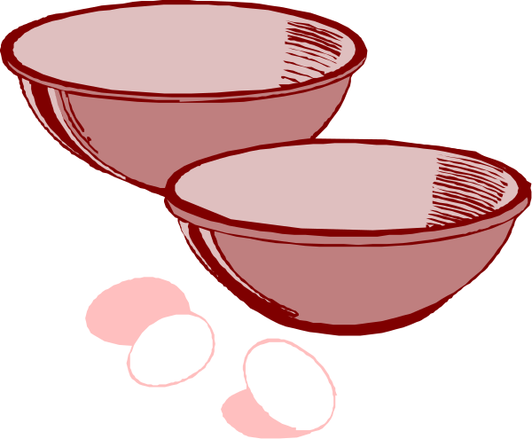 The illustration shows three red bowls with white interiors on a dark background; there is also an egg depicted near each bowl in different positions: one above leftmost bowl, two below center-left most bowl and four to right of it.
