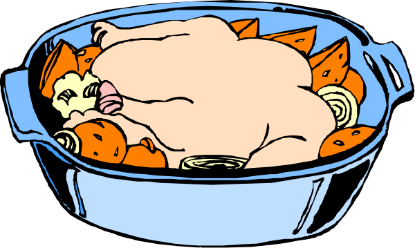 The image shows a cartoon of an oven with two trays inside it: on top is a tray filled with roasted carrots; below that, there's another tray containing what appears to be cooked chicken pieces and potatoes.