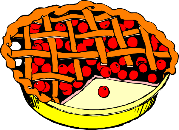 The illustration shows a pie with cherries on top inside an open yellow shell, placed next to another similar-looking pie in front of it; both pies have red filling that resembles cherry halves and crusts made from pastry dough strips arranged around the edges.