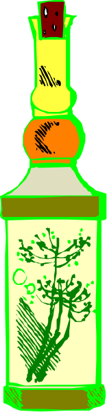 The image shows a tall bottle with an illustration of plants on its side placed against a gray background; it is stylized in clip-art form.