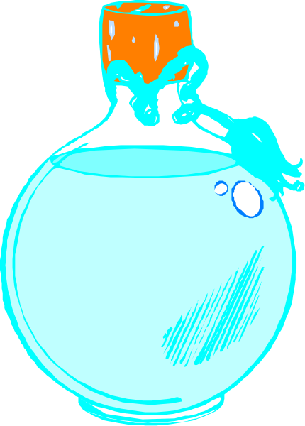 The image shows a cartoon bottle with blue liquid inside it being poured from an orange container into another green flask on top of what appears to be a table in front of two small figures that resemble people, one wearing red and the other white clothing.