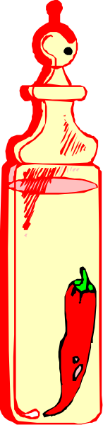 The image shows a bottle with red liquid inside it next to an object that resembles a candle holder on top of another item which appears to be a jar filled with something greenish-brown in color, all set against a gray background.