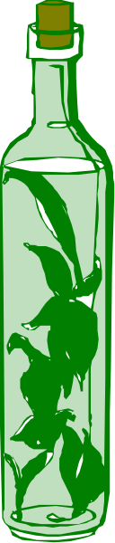 The image shows a clear glass bottle with green leaves painted on it standing upright against a gray background.
