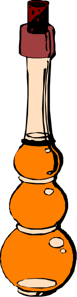 The image shows a tall glass bottle with an orange liquid inside it placed on top of another smaller clear glass bottle that has bubbles in its contents.