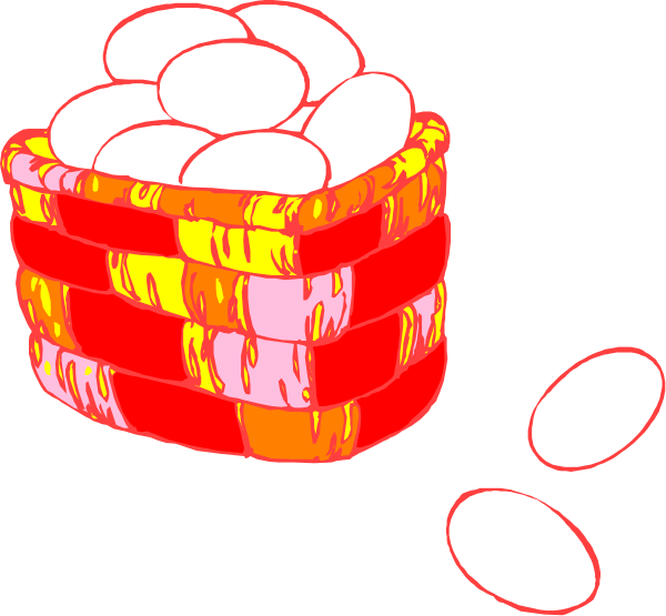 The image shows a cartoon depiction of two eggs inside an open red container with yellow drips on it; to its left is another egg outside this box.