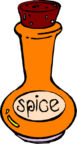 The image shows a bottle labeled "spice" with an illustration of spices inside it on top of another label that says "cinnamon."