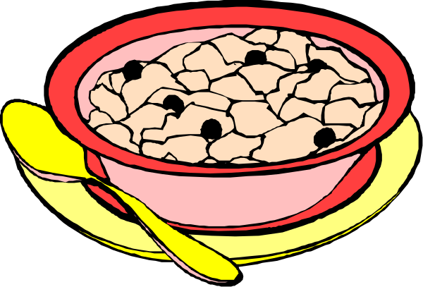 The image shows a bowl of cereal with blueberries on top placed inside an oval pink dish that is sitting atop a white plate next to two spoons in front of it all set against a black background.