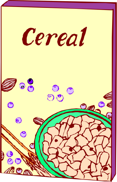 The image shows a cartoon of cereal with blueberries on top inside an open box labeled "Cereal," placed next to what appears to be a bowl containing more food items such as nuts or seeds, and there's text that reads "cereal" in bold letters at the bottom.